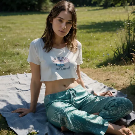 Suki Wasserhaus,  Keira Knightley, 8K, ultrarealistisch, beautiful texture of the face, alle drei im Crop-Shirt, barefoot, fullbody view, cute hippie pants, sitzt auf wiese