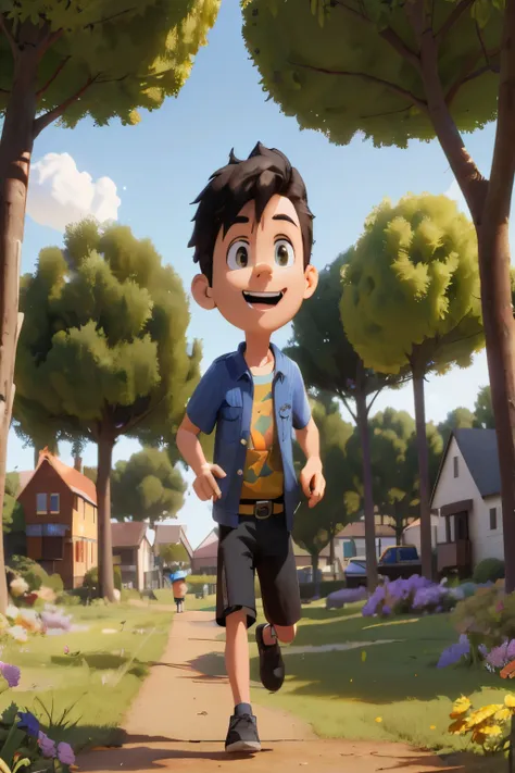 cartoon boy running down a road in a neighborhood with trees, Arte infantil em Artstation, animation style rendering, arte conceitual do menino solteiro, animated film, 3d rendering stylized, 3 d render stylized, stylized as a 3d rendering, pixar renderman...