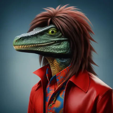 close-up of a long-haired lizard in a red jacket and a colorful shirt, velociRaptor, inspired by Adam Rex, eyes of corpoRaptor hominis, anthro lizard, Anthropomorphic alligator, Raptor jesus, lizardman, Raptor, Anthropic gecko, Andrey Kolkutin, Alosaurus, ...