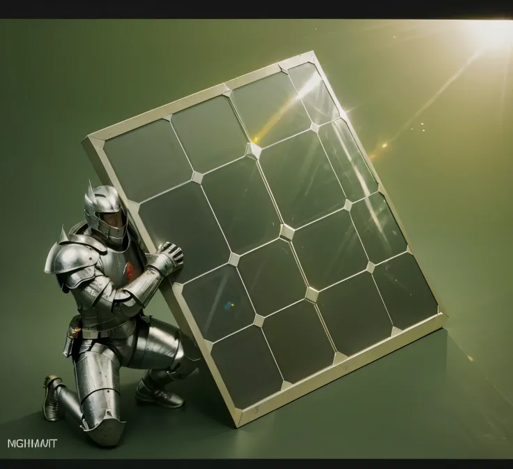 create a high-resolution, hyper-realistic digital illustration of a gallant knight kneeling in defense of planet Earth, The knight holds a formidable shield made to resemble a solar panel, intrincadamente detalhado com circuitos estendidos convergindo para...