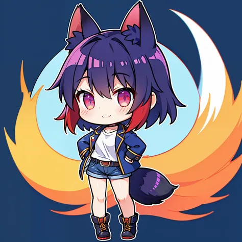 Wearing a dark blue jacket over a white shirt, red fox ,Golden hair , illustartion, 1girl in, NFFSV ,chibi , Comedically small, Cute ,Little ,Whole body ,to stand ,Lori ,In dark blue denim shorts ,Wear a black belt ,red fox Girl ,red fox ears grown ,Short ...