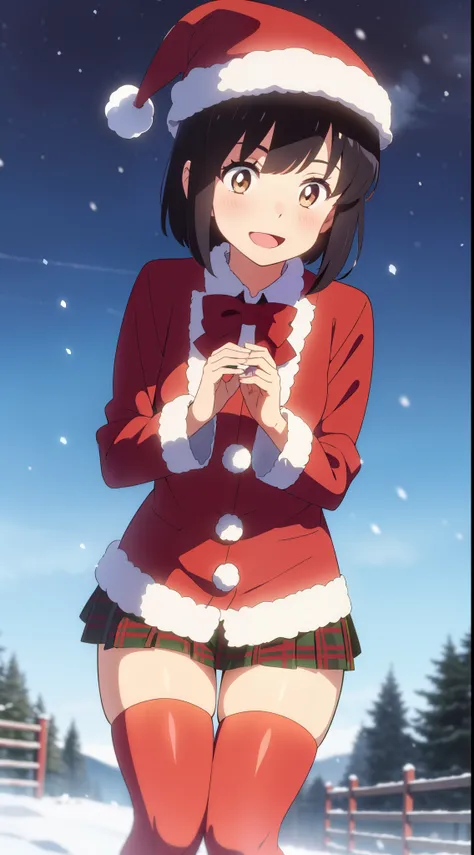 shinkai makoto, kimi no na wa., 1girl, 1boy, bangs, black hair, blush, bright eyes, brown eyes, bow, red bow, ribbon, red ribbon, short hair, solo, perfect hands, perfect anatomy, sweet face, night, outdoors, winter scenery, snow, steam, cloud, Against the...