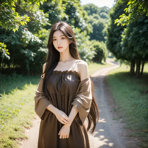 Girl 20 years old, Slender, medium chest size, long black hairsh, Loose hairsh, hairsh, Developing in the wind, Brown eyes, Rustic brown dress,Looking straight ahead, rural clothing, letho, countryside,Village houses,