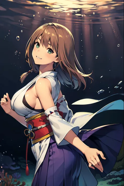 masuter piece, Best Quality, 超A high resolution, top-quality, Anime style, Best Lighting, Beautiful face, (Yuna from Final Fantasy), masutepiece, (1girll:1.3), (upper bod:1.3), Brown hair, A hyper-realistic, Dark blue hakama, cammel toe, Super split, (The ...