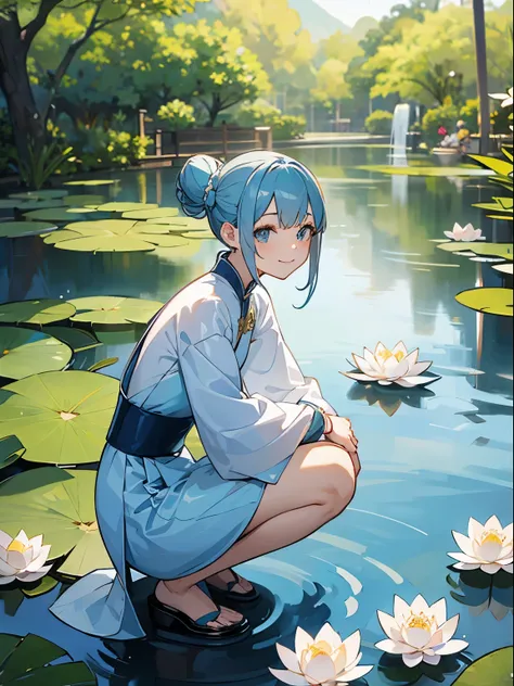 Women in Their 20s、lightblue hair、Bun hairstyle on the left and right、Wearing Ao Dai、squatting、a small pond nearby（Lotus flowers are floating）、Smile