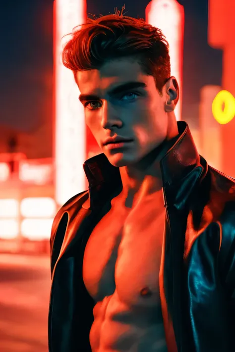 Retrato de un joven, Artistic portrait, Futuristic city, Neon lights, guapo supermodelo griego, Strong jaw, torso desnudo, cuerpo tonificado, Cara griega, handsome boy, chico supermodelo, Kinematic, perfection, Obra maestra, photo session, Pelo rojo , Pale...