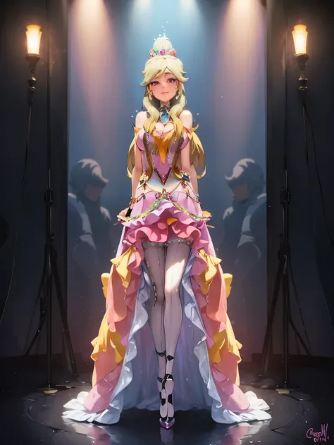 a woman in a pink dress standing on a stage with spotlights, splash art anime, dressed as a queen, anime princess, cushart krenz key art feminine, cute anime waifu in a nice dress fanart, princess peach), anime goddess, portrait of princess peach, posing a...