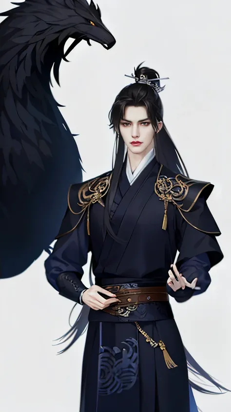 Wallpaper of boy wearing black clothes, Xianxia, The exquisite prince, Handsome guy in the art of slaying demons, Inspired by Bian Shoumin, author:Hero, swordsmen, inspired by Zhao Yuan, shirow masamune,Eye focus,详细的脸,Leather belt,white backgrounid,dynamic...