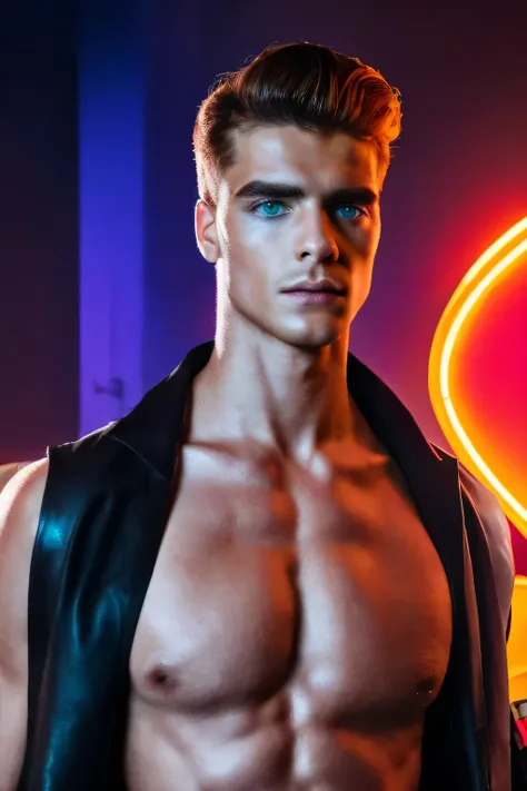 Retrato de un joven, Artistic portrait, Futuristic city, Neon lights, guapo supermodelo griego, Strong jaw, torso desnudo, cuerpo tonificado, Cara griega, handsome boy, chico supermodelo, Kinematic, perfection, Obra maestra, photo session, Pelo rojo , Pale...