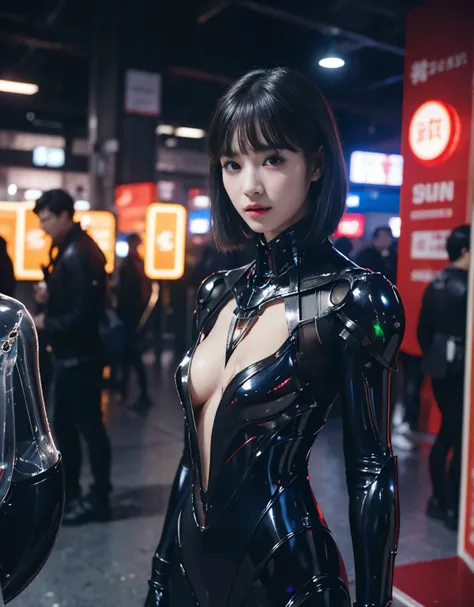 (1 mechanical girl and 1 alien)、（Mystical expression）、top-quality、​masterpiece、超A high resolution、(Photorealsitic:1.4)、((Heavy chest)),Raw photo、女の子1人、glowy skin、(((1 Mechanical Girl)))、((transparent crystal suit bodysuit、The body can see through)).(Natura...