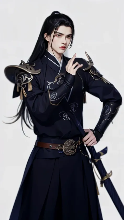 Wallpaper of boy wearing black clothes, Xianxia, The exquisite prince, Handsome guy in the art of slaying demons, Inspired by Bian Shoumin, author:Hero, swordsmen, inspired by Zhao Yuan, shirow masamune,Eye focus,详细的脸,Leather belt,white backgrounid,dynamic...