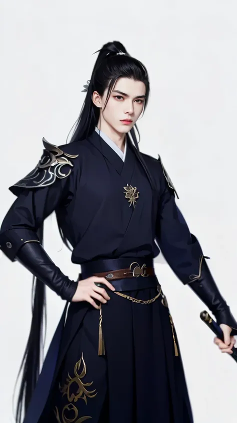Wallpaper of boy wearing black clothes, Xianxia, The exquisite prince, Handsome guy in the art of slaying demons, Inspired by Bian Shoumin, author:Hero, swordsmen, inspired by Zhao Yuan, shirow masamune,Eye focus,详细的脸,Leather belt,white backgrounid,dynamic...