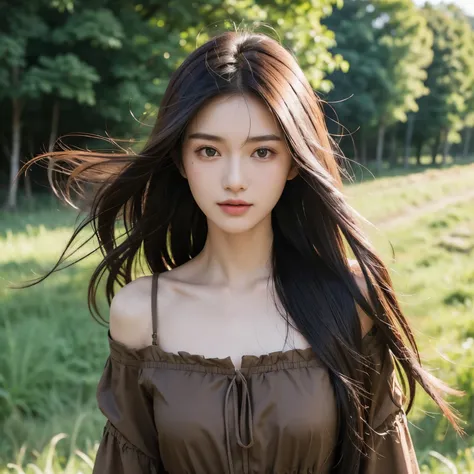 Girl 20 years old, Slender, medium chest size, long black hairsh, Loose hairsh, hairsh, Developing in the wind, Brown eyes, Rustic brown dress,Looking straight ahead, Rural Clothing, summer, countryside,Rustic cabins, little smile,