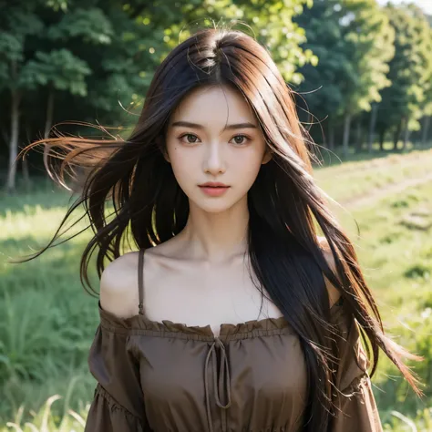 Girl 20 years old, Slender, medium chest size, long black hairsh, Loose hairsh, hairsh, Developing in the wind, Brown eyes, Rustic brown dress,Looking straight ahead, rural clothing, letho, countryside,Village houses, little smile,