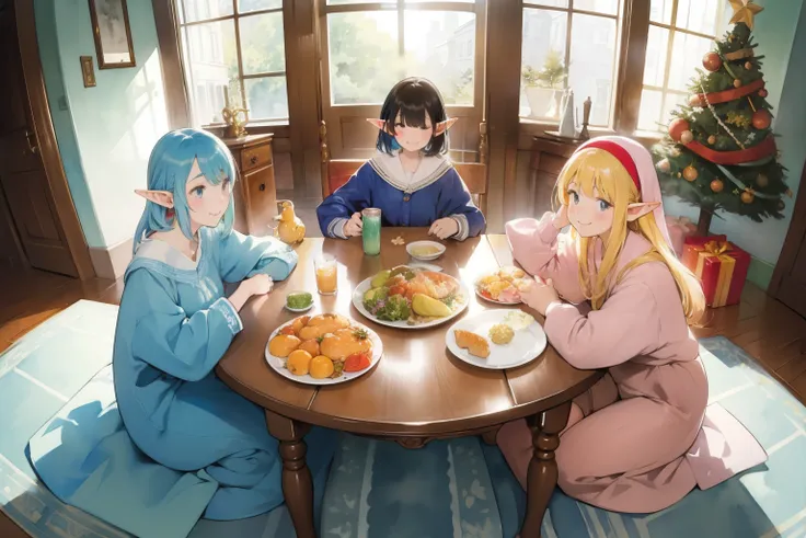 (masterpiece, best quality), (low table full of dishes, plenty of dishes, stacks of food), room, 3girls, young , (elf ears), closeup, smile, eating, (sitting on floor), by a low table, (a giant pile of food on low table), look away, front view, view from a...