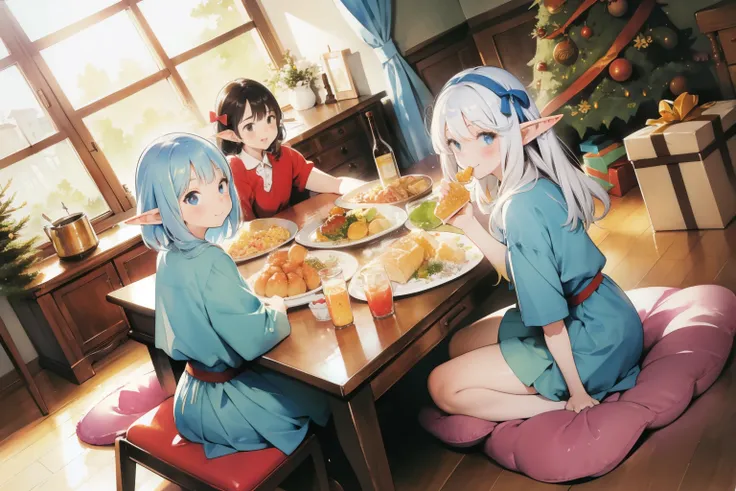 (masterpiece, best quality), (low table full of dishes, plenty of dishes, stacks of food), room, 3girls, young teen, (elf ears), mini skirt, closeup, smile, eating, (sitting on floor), by a low table, (a giant pile of food on low table), look away, front v...