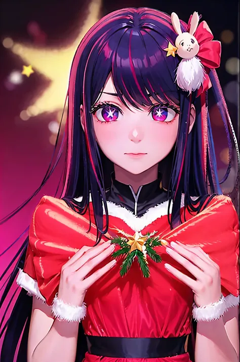 best quality Hoshino Ai, long hair, purple hair, streaked hair ,purple eyes, star-shaped pupils, hair ornament, by a christmas tree looking at her presents  sntdrs, red santa dress,
fur
belt