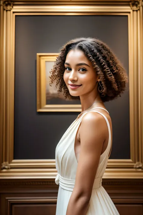 A charismatic woman with chestnut curls framing her face, captivating hazel eyes, and endearing dimples in her cheeks when she smiles, dressed in a classic red cocktail dress. She stands in the midst of a sophisticated art gallery, surrounded by exquisite ...