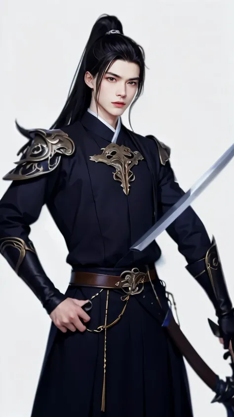 Wallpaper of boy wearing black clothes, Xianxia, The exquisite prince, Handsome guy in the art of slaying demons, Inspired by Bian Shoumin, author:Hero, swordsmen, inspired by Zhao Yuan, shirow masamune,Eye focus,详细的脸,Leather belt,white backgrounid,dynamic...