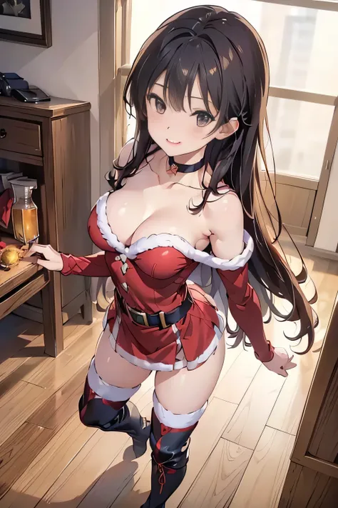 (top-quality,8K picture quality,​masterpiece:1.3),(A woman wearing a Santa suit and fighting the enemy),(a miniskirt,Stockings,a choker,long boots:1.2),red rope stretching towards the camera:1.2,(shoulder-length hair:1.1),(Luxurious interior,Christmas Deco...