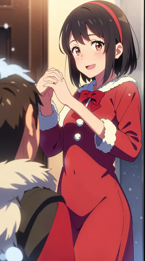 shinkai makoto, kimi no na wa., 1girl, 1boy, bangs, black hair, blush, bright eyes, brown eyes, looking at the viewer, red bow, red headband, red ribbon, short hair, indoors, shiny skin, smile, cute, open mouth, love, couple, adorable, happy, beautiful, pa...