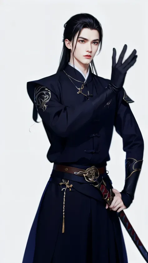 Wallpaper of boy wearing black clothes, Xianxia, The exquisite prince, Handsome guy in the art of slaying demons, Inspired by Bian Shoumin, author:Hero, swordsmen, inspired by Zhao Yuan, shirow masamune,Eye focus,详细的脸,Leather belt,white backgrounid,dynamic...