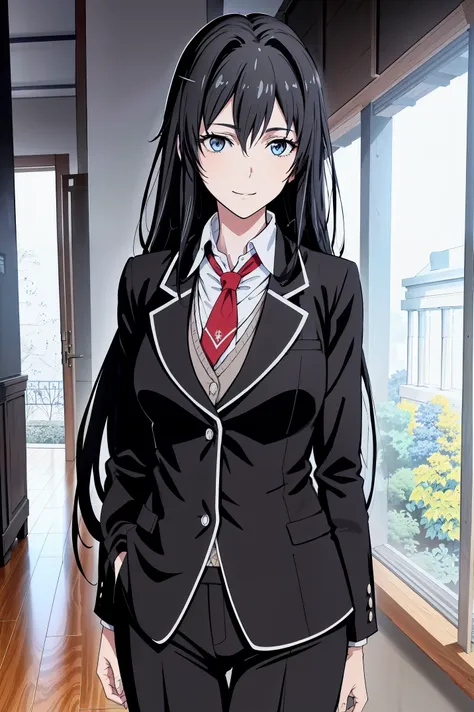 yukinoshita yukino ,woman in formal attractive tailcoat standing in a large alcove in the room , 1girl, solo, blue necktie, blac...