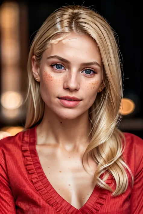 RAW photo, portrait of a beautiful blonde woman wearing a red shirt (high detailed skin:1.2), 8k uhd, dslr, soft lighting, high quality, film grain, Fujifilm XT3