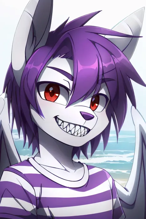 (best quality), (masterpiece, professional photo:1.1), (8k, high resolution), (single:1.2), (male), ((Anthro white bat pony)), ((purple coloured hair with white strip:1.3), (red eyes), (slitted pupils:1.2), (White wings), highly detailed eyes, ((highly dea...