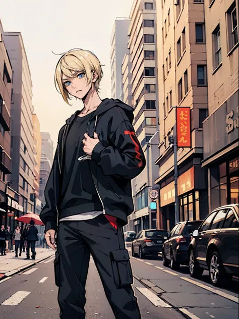 Just one man, hes alone, blonde hair, short hair, blue eyes, street clothing, baggy eyes, emo