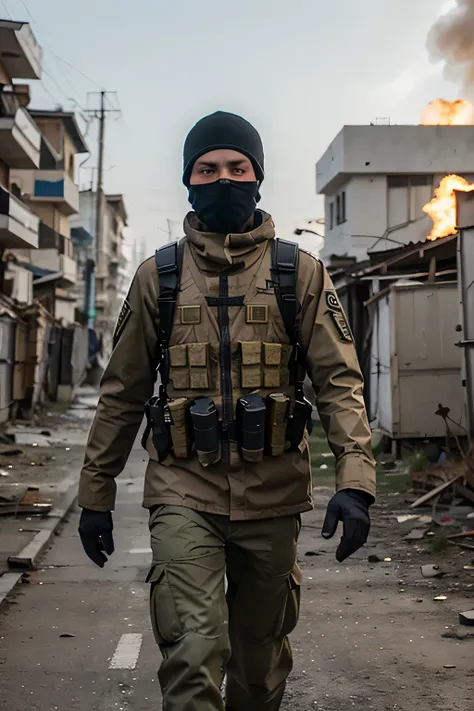 Ukrainian soldier, with white skin, blue eyes, In a balaclava, walk with your back to the explosion, a machine gun hangs in his left hand, Masterpiece