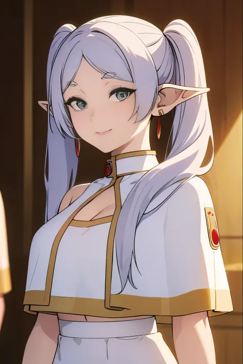 ((masterpiece)), (best quality), highres, ultra-detailed, absurdres,
 frieren, 1girl, red earrings, elf, long hair, pointy ears, solo, twintails, green eyes, earrings, white hair, looking at viewer, capelet, white capelet, bare shoulders, cleavage, standin...