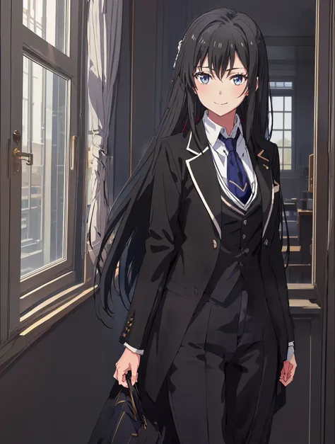 yukinoshita yukino ,woman in formal attractive tailcoat standing in a large alcove in the room , 1girl, solo, blue necktie, blac...