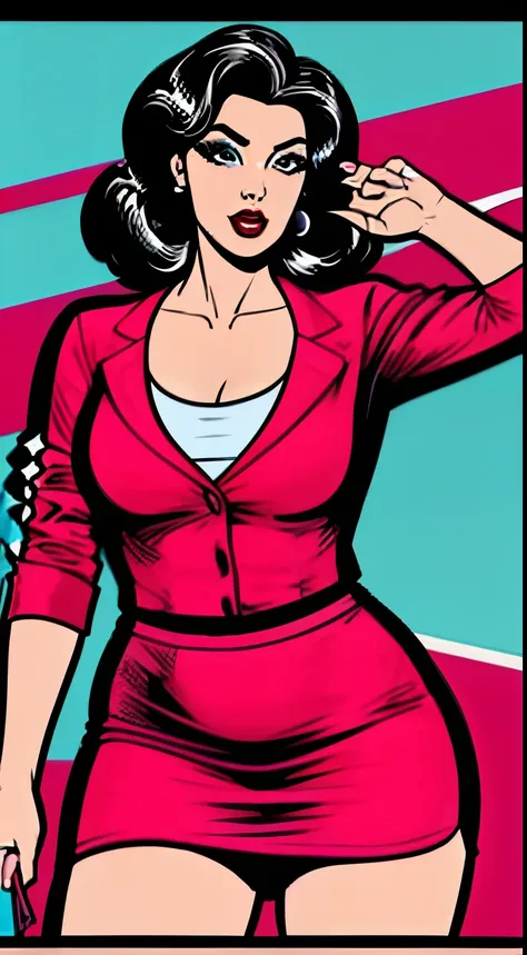 plano entero de secretaria sexy con estilo popart, La protagonista es lola, a flawless looking woman with brown hair, ojos expresivos delineados y labios rojos intensos. Viste un uniforme de secretaria con una falda corta y una camisa escotada con elemento...