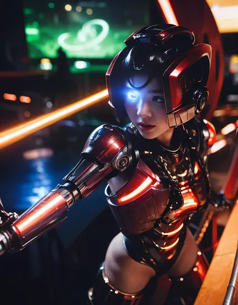 (Skimpy mechanical girl and alien background)、（Mystical expression）、top-quality、​masterpiece、超A high resolution、(Photorealsitic:1.4)、Raw photo、女の子1人、glowy skin、(((1 Mechanical Girl)))、（red metalボディスーツ）、(Natural alien background to fight aliens)、(Small LED)...