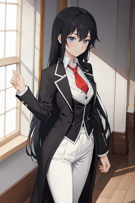 Yukinoshita yukino ,woman in formal attractive tailcoat standing in a large alcove in the room , 1girl, solo, blue necktie, black hair, blue eyes, long hair, smile , collared shirt, white pants, white shirt , tailored tailcoat elegant , standing in front o...