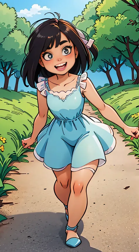 a beauty, a lil girliee cute young girl with a bright smile and even brighter eyes in a light semi transparent dress in the woods frolicking loudly, cute innocent, family friendly 88k!