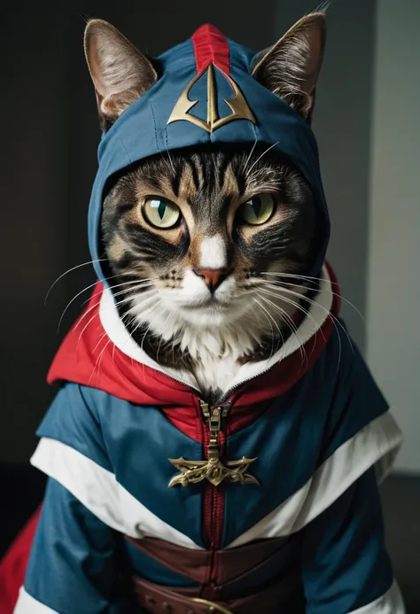 cat wearing an assassins creed suit.