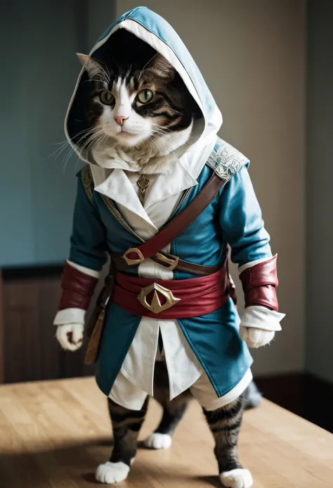 cat wearing an assassins creed suit.