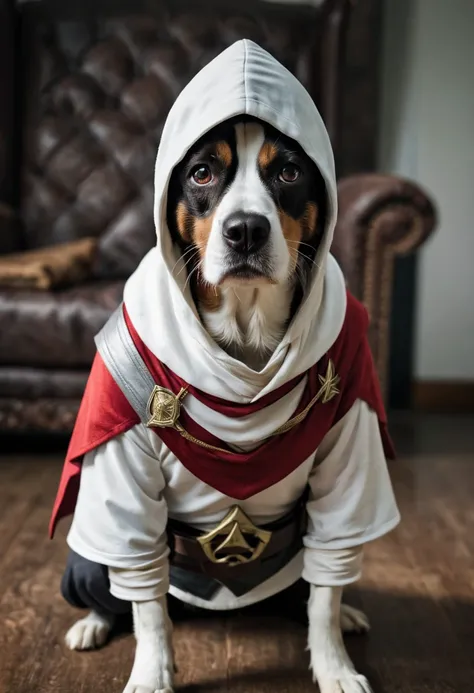 dog wearing an assassins creed suit.