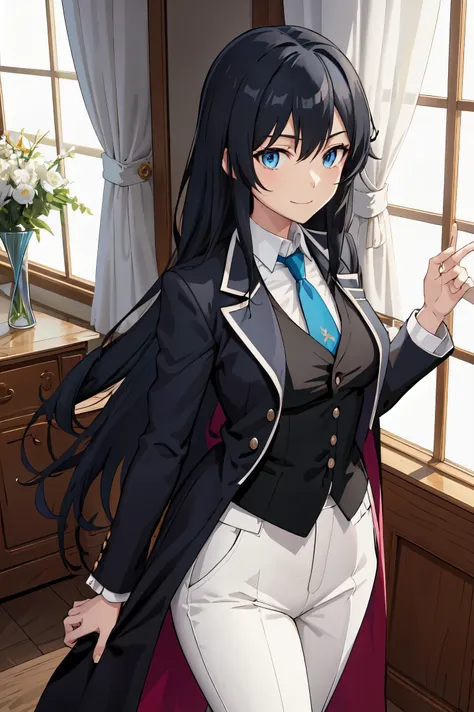 Yukinoshita yukino ,woman in formal attractive tailcoat standing in a large alcove in the room , 1girl, solo, blue necktie, black hair, blue eyes, long hair, smile , collared shirt, white pants, white shirt , tailored tailcoat elegant , standing in front o...