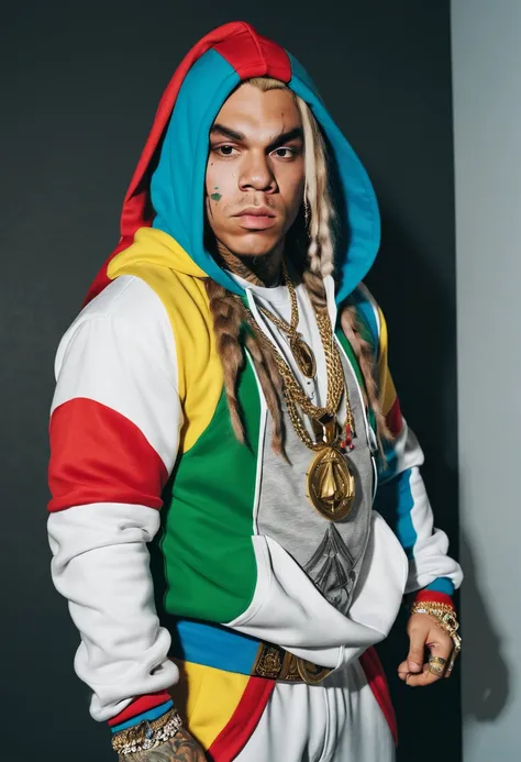 6ix9ine wearing an assassins creed suit.