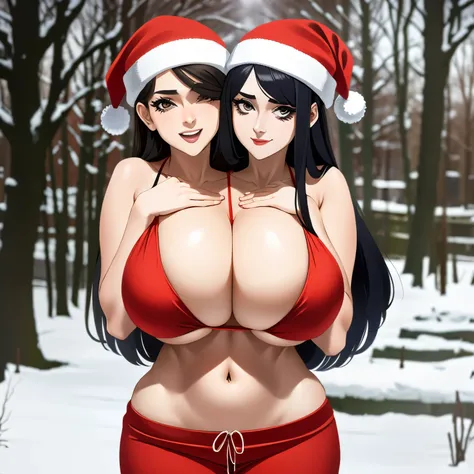 2 heads, a short skinny woman with 2 heads. Massive fake round tits. In a park during the winter. Snowing. Wearing a red tiny bikini top. Wearing black sweatpants. Wearing Santa hat. Gorgeous face. Cute. Happy. Smiling. Young. Flirty. Goth. Long straight r...