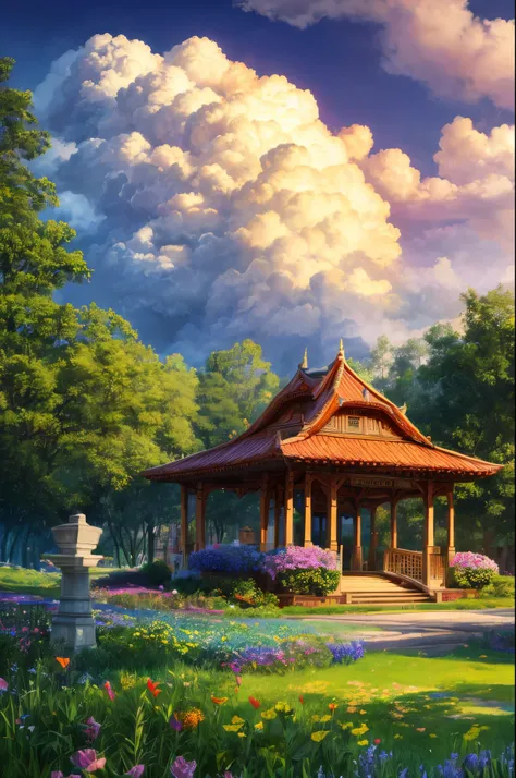 "Oil painting, ((mysterious girl)), harp notes in the air, pavilion surrounded by wildflowers, ((dramatic cloud formation)), rich palette, fantasy realm, magical aura"