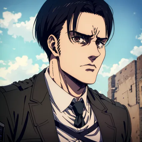 attack on titan screencap of male in mappa art style who has black hair  and has brown eyes. show him in black shirt. give him s...