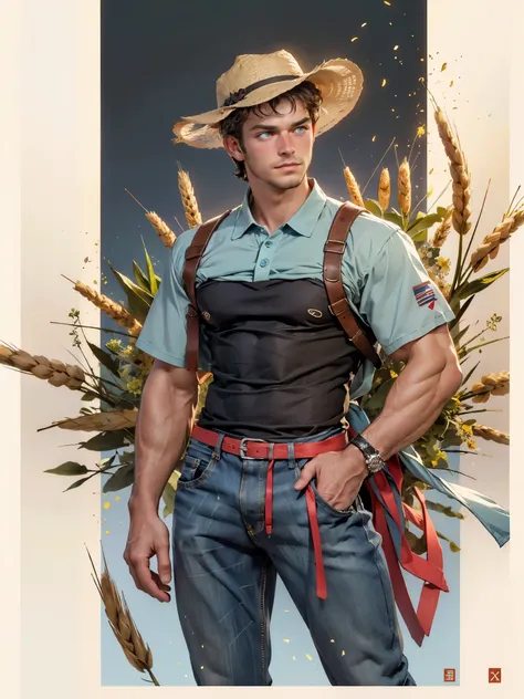 Sculpture design, Figure, (base). male people, Handsome, muscular, (with shaggy brown hair, blue eyes), stubble, wearing blue jeans and green polo shirt, wearing old farmers straw hat, wheat field behind him, Systemic vision，semi transparent，Computer graph...