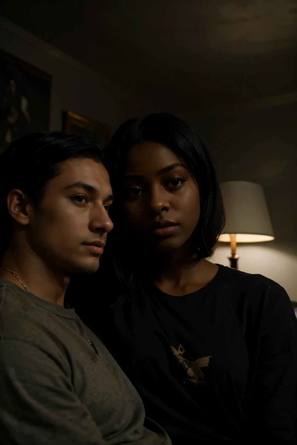 a poignant and emotionally charged dark painting, in a very dark dimly lit room, filled with the warmth of romance, cozy setting, small apartment, black hair, Justine Skye kissing a very handsome man, on an old sofa, very dark skin, very dark room, painted...