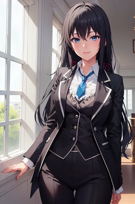 yukinoshita yukino ,woman in formal attractive tailcoat standing in a large alcove in the room , 1girl, solo, blue necktie, blac...