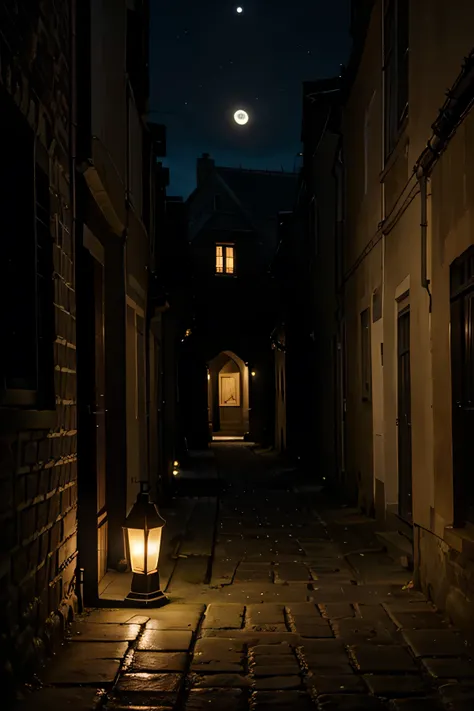 A ruelle étroite la nuit pleine lune éclairée par des lampadaires