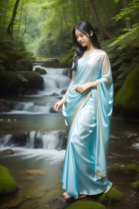 (​masterpiece、high-level image quality、hightquality)、(Mystical scene:1.5、Nature&#39;hymn of:1.4、natural mountain of wood,mountain stream)、femele、modeled、Good looks、Perfect、sad、Black hair swaying in the wind、transparent silk garment、suns、wild bird、